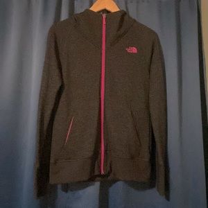 Black and Pink NorthFace zip up hooded sweatshirt